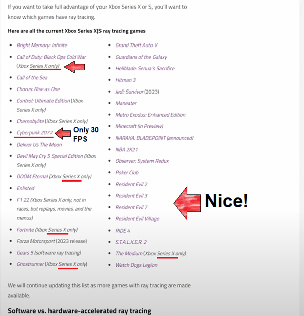 I highlighted all the games where the Xbox Series S either has no RTX support at all, or RTX is only nominally there.