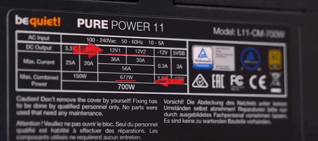 And here is the 12V to the video card and CPU. Note: this power supply has amps on two lines and the actual watts are slightly different from the declared ones. Why so? About that below.