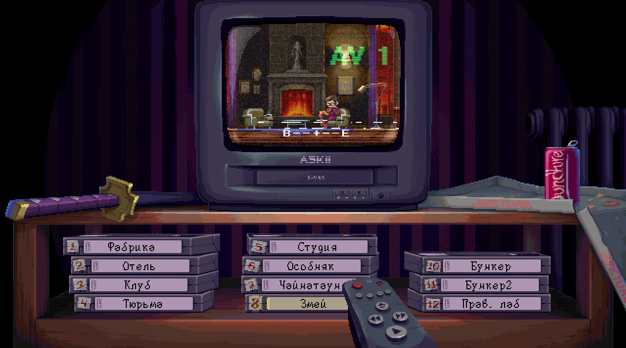 The job selection menu is also stylized for the eighties era and the protagonist's lifestyle. Yes, the TV remote is clickable.