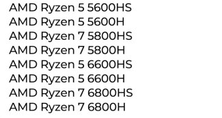 List of current AMD Ryzen processors for notebooks.