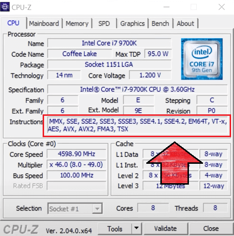 For example: the arrow shows a list of instructions that the Intel Core i7 9700K processor works with.
